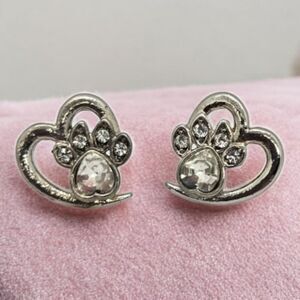 Rhinestone Paw Print Heart Earring Silver Pierced Stud Cat Lady Dog Mom Animal